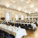 Store spisesal dekket for gallamiddag. Oppdekningen her er fra Stortingsmiddagen 2019. Handout bilde fra Det kongelige hoff. Bildet er kun til redaksjonell bruk - ikke for salg. Kan benyttes fritt mot kreditering. Foto: Simen Sund, Det kongelige hoff.