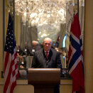 Kong Harald taler ved the Norwegian American Chamber of Commerce's Trade and Achievement Award Luncheon i New York (Foto: Tom Hansen)