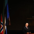 Gonagas Harald álggahii stáhtaguossástallama nuppi beaivvi Slovenian &#150; Norwegian forum of competence ealáhusseminára rahpamiin (Govva: Lise Åserud / Scanpix)