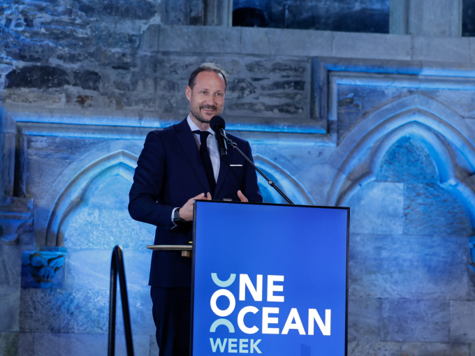 Kronprins Haakon taler under One Ocean Summit i Håkonshallen. Foto: Paul Sigve Amundsen / NTB