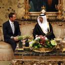 Ruvdnaprinsa Haakon, Sjeik Hamdan bin Zayed Al Nahyan ja Sjeik Nahyan bin Mubark Al Nahyan ságastallamin (Govva: Lise Åserud / Scanpix)